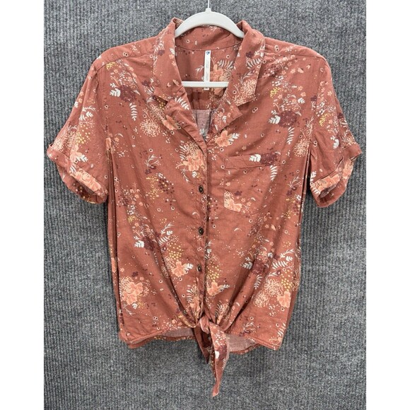 KUHL Elsie Tie Front Top Womens XL Brushed Red Floral Button Short Sleeve Cotton - Picture 2 of 10